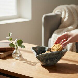 Vtg Lisa Howe hand-thrown stoneware pottery, heart shaped, blue, green glaze